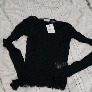 Cotton on ladies halle textured mesh crew neck long sleeve top black xxs nwt